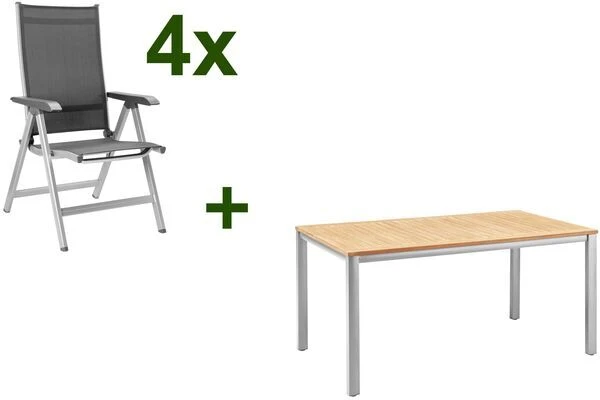 KETTLER Basic Plus Esstischgarnitur, Silber/ Anthrazit, 160 X 95 Cm, Alu/Textilene, 4 Multipositionssessel 1 KETTLER Basic Plus Esstischgarnitur, Silber/ Anthrazit, 160 X 95 Cm, Alu/Textilene, 4 Multipositionssessel