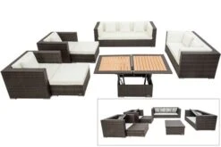 OUTFLEXX Loungemöbel-Set, Braun Marmoriert, Polyrattan, 9 Pers, Wasserfeste Kissenbox, Inkl. Loungetisch