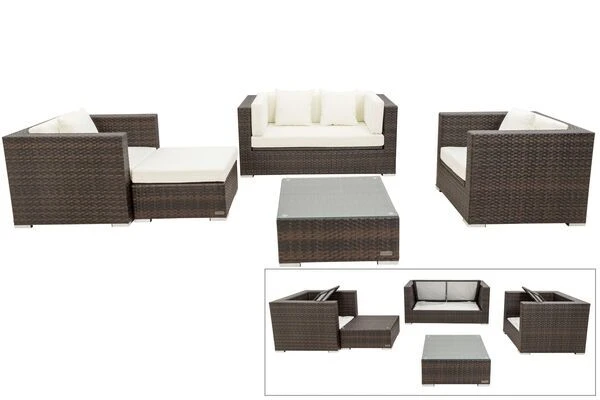 OUTFLEXX Loungemöbel-Set, Polyrattan, Braun Marmoriert, 5 Pers, Wasserfeste Kissenbox, Inkl. Beistelltisch 1 OUTFLEXX Loungemöbel-Set, Polyrattan, Braun Marmoriert, 5 Pers, Wasserfeste Kissenbox, Inkl. Beistelltisch