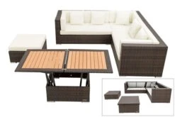 OUTFLEXX Loungemöbel-Set, Braun Marmoriert, 6 Pers, Polyrattan, Wasserfeste Kissenbox, Inkl. Loungetisch