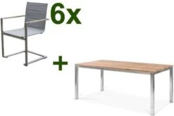 OUTFLEXX Esstischgarnitur, Edelstahl / FSC-Teak, Tisch 180 X 90 Cm, 6 Freischwinger Padded, Taupe