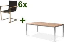 OUTFLEXX Esstischgarnitur, Edelstahl / FSC-Teak, Tisch 200 X 100 Cm, 6 Freischwinger Padded, Schwarz