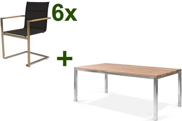 OUTFLEXX Esstischgarnitur, Edelstahl / FSC-Teak, Tisch 200 X 100 Cm, 6 Freischwinger Padded, Schwarz 1 OUTFLEXX Esstischgarnitur, Edelstahl / FSC-Teak, Tisch 200 X 100 Cm, 6 Freischwinger Padded, Schwarz