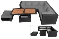 OUTFLEXX Loungemöbel-Set, Schwarz, Polyrattan, 6 Personen, Wasserfeste Kissenbox, Inkl. Loungetisch