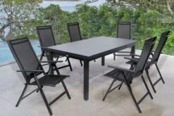 OUTFLEXX Premium Esstischgarnitur, Anthrazit Matt, Alu/Textilene, Tisch 180/240x100cm, 6 Multipositionssessel