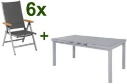KETTLER Granada Esstischgarnitur, Silber, Alu/Textilene, Tisch 180/240x100cm, 6 Multipositionssessel