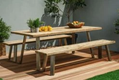 OUTFLEXX Esstischgarnitur, Edelstahl/recyceltes FSC-Teakholz, Tisch 220x100 Cm, 2 Bänke, A-Gestell