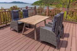 OUTFLEXX Esstischgarnitur, Edelstahl/recyceltes FSC-Teak, Tisch 160x90 Cm, 4 Hochlehner- Diningsessel, A-Gestell