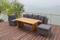 OUTFLEXX Loungegarnitur, Polyrattan/Teakholz, Tisch 160x90cm, Für 5 Personen, Wasserfeste Kissenbox