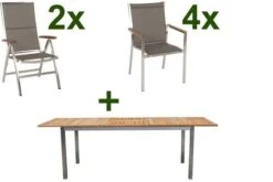 STERN Cardiff Esstischgruppe, Silber/taupe, Edelstahl/FSC-Teak, Tisch 180/240 X 100 Cm, 4 Stapel-, 2 Multipositionssessel