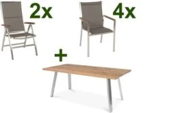 STERN Cardiff Set, Silber/taupe, Edelstahl/Teak, Tisch A-Gestell 220 X 100 Cm, 4 Stapel-, 2 Multipositionssessel
