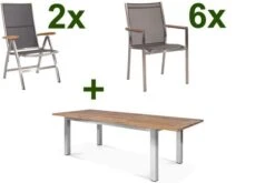 STERN Cardiff Esstischgruppe, Silber/silbergrau, Edelstahl/Teak, Tisch 200/260 X 100 Cm, 6 Stapel-, 2 Multipositionssessel