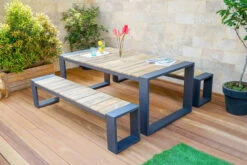 OUTFLEXX Kona Esstischgarnitur, Dark Grey/natur, Alu/recycled FSC-Teak, Esstisch 200x100cm, 2x Bank 200x40cm, U-Gestell