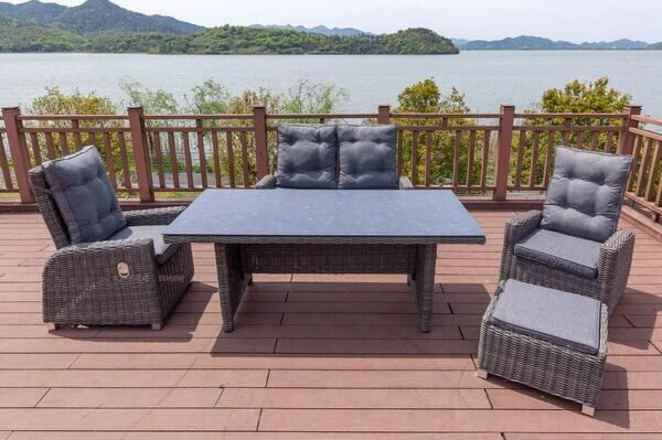OUTFLEXX Sitzgruppe, Grau, Polyrattan, Tisch 200x95cm, Spraystone, 6mm, 2-Sitzer + 2 Sessel + Hocker 1 OUTFLEXX Sitzgruppe, Grau, Polyrattan, Tisch 200x95cm, Spraystone, 6mm, 2-Sitzer + 2 Sessel + Hocker