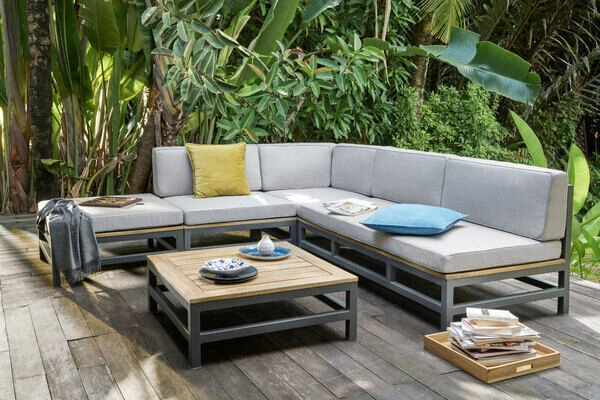 OUTFLEXX Ecklounge, Anthrazit, Alu/Akazie, 5 Personen, Inkl. Polster In Grau, Tisch 80 X 80 Cm Und Hocker 1 OUTFLEXX Ecklounge, Anthrazit, Alu/Akazie, 5 Personen, Inkl. Polster In Grau, Tisch 80 X 80 Cm Und Hocker