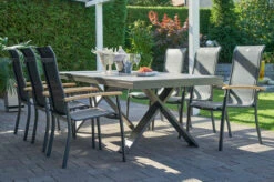 HARTMAN Sondermodell Xanadu / Alice Esstischgarnitur, Xerix/schwarz, Alu/Glaskeramik, 4x4 Textilen, 6 Stapelsessel, 220/280x100cm