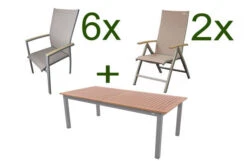 DOPPLER Expert Esstischgarnitur, Silber/Holzoptik/beige, Alu/Textilene, 6x Stapelsessel, 2x Hochlehner, 220-280x100 Cm