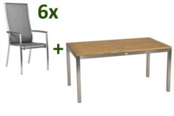 STERN Cardiff Esstischgarnitur, Silber/silbergrau, Edelstahl/Textilen/FSC-Teakholz/Alu, 162/220 X 90 Cm, 6 Stapelsessel, Butterfly-Auszug