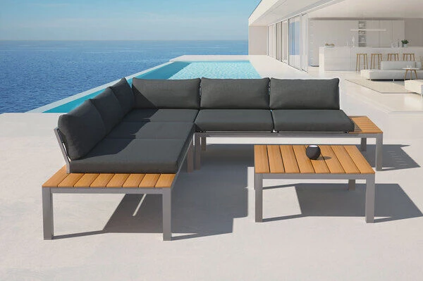 VILLANA Ecklounge, Silber/dunkelgrau, Alu/Holzimitat, 5 Personen, Inkl. Loungetisch, Seitenablagen Aus Holzimitat 2 VILLANA Ecklounge, Silber/dunkelgrau, Alu/Holzimitat, 5 Personen, Inkl. Loungetisch, Seitenablagen Aus Holzimitat – Bild 2