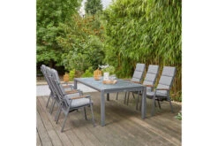 SIENA GARDEN Savona/Kingston Esstischgarnitur, Matt Graphit/grau/slate Look, Alu/Teak/Keramik/Texfabric, Tisch 220/340x108 Cm, 6 Stapelsessel