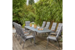 SIENA GARDEN Savona/Kingston Esstischgarnitur, Matt Graphit/grau/slate Look, Alu/Teak/Keramik/Texfabric, Tisch 220/340x108 Cm, 10 Stapelsessel
