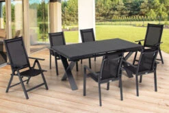 OUTFLEXX Esstischgarnitur, OUTFLEXX® Anthrazit Matt, Alu / Spraystone / Textil, Tisch 180/280x100cm, 4 Stapelsessel, 2 Multipo