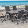 OUTFLEXX Esstischgarnitur, OUTFLEXX® Anthrazit Matt, Alu /HPL / Teak, Tisch 180/280x100cm, 6 Multipositionssessel