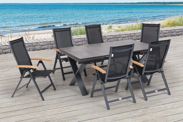 OUTFLEXX Esstischgarnitur, OUTFLEXX® Anthrazit Matt, Alu /HPL / Teak, Tisch 180/280x100cm, 6 Multipositionssessel 1 OUTFLEXX Esstischgarnitur, OUTFLEXX® Anthrazit Matt, Alu /HPL / Teak, Tisch 180/280x100cm, 6 Multipositionssessel