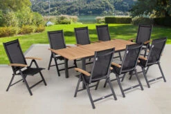 OUTFLEXX Esstischgarnitur, OUTFLEXX® Anthrazit Matt, Alu / Teak / Textil, Tisch 150/210x90cm, 8 Multipositionssessel
