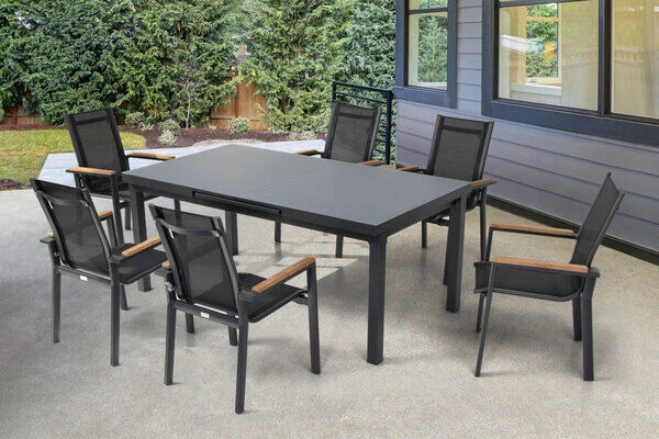 OUTFLEXX Premium Esstischgarnitur, OUTFLEXX® Anthrazit Matt, Alu / Glas / Teak, Tisch 180/240x100cm, 6 Stapelsessel 1 OUTFLEXX Premium Esstischgarnitur, OUTFLEXX® Anthrazit Matt, Alu / Glas / Teak, Tisch 180/240x100cm, 6 Stapelsessel