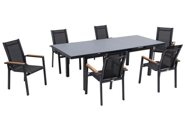 OUTFLEXX Premium Esstischgarnitur, OUTFLEXX® Anthrazit Matt, Alu / Glas / Teak, Tisch 180/240x100cm, 6 Stapelsessel 2 OUTFLEXX Premium Esstischgarnitur, OUTFLEXX® Anthrazit Matt, Alu / Glas / Teak, Tisch 180/240x100cm, 6 Stapelsessel – Bild 2