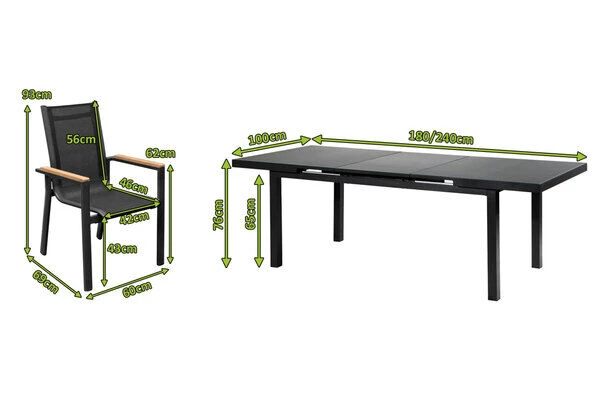 OUTFLEXX Premium Esstischgarnitur, OUTFLEXX® Anthrazit Matt, Alu / Glas / Teak, Tisch 180/240x100cm, 6 Stapelsessel 5 OUTFLEXX Premium Esstischgarnitur, OUTFLEXX® Anthrazit Matt, Alu / Glas / Teak, Tisch 180/240x100cm, 6 Stapelsessel – Bild 5