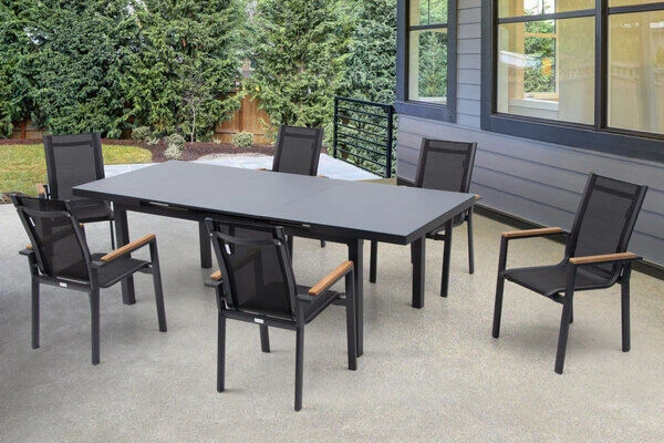 OUTFLEXX Premium Esstischgarnitur, OUTFLEXX® Anthrazit Matt, Alu / Glas / Teak, Tisch 180/240x100cm, 6 Stapelsessel 6 OUTFLEXX Premium Esstischgarnitur, OUTFLEXX® Anthrazit Matt, Alu / Glas / Teak, Tisch 180/240x100cm, 6 Stapelsessel – Bild 6