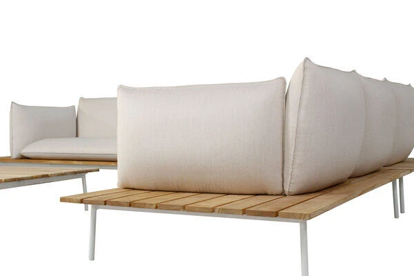 OUTFLEXX Vail Loungemöbel, Weiß/natur/actionlinen, Alu/FSC-Teakholz/Sunbrella, Für Bis Zu 7 Personen, Seitenablagen Aus Teak 3 OUTFLEXX Vail Loungemöbel, Weiß/natur/actionlinen, Alu/FSC-Teakholz/Sunbrella, Für Bis Zu 7 Personen, Seitenablagen Aus Teak – Bild 3