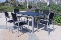 VILLANA Esstischgarnitur, Silber/schwarz, Alu/Holzimitat/Textil, Tisch 150x90cm, 6 Stapelsessel