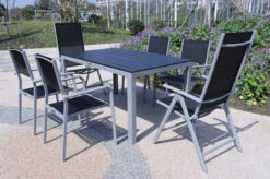 VILLANA Esstischgarnitur, Silber/schwarz, Alu/Holzimitat/Textil, Tisch 150x90cm, 2 Multipo, 4 Stapelsessel