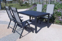 VILLANA Esstischgarnitur, Anthrazit/grau, Alu/Holzimitat/Textil, Tisch 150x90cm, 4 Multipositionssessel