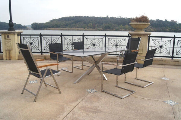 OUTFLEXX Esstischgarnitur, Silber/schwarz, Edelstahl/Granit/Textil, 200x100 Cm, 4 Freischwinger, 2 Multipos, Padded, Armlehnen Aus FSC-Teak 1 OUTFLEXX Esstischgarnitur, Silber/schwarz, Edelstahl/Granit/Textil, 200x100 Cm, 4 Freischwinger, 2 Multipos, Padded, Armlehnen Aus FSC-Teak