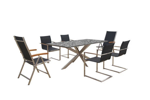 OUTFLEXX Esstischgarnitur, Silber/schwarz, Edelstahl/Granit/Textil, 200x100 Cm, 4 Freischwinger, 2 Multipos, Padded, Armlehnen Aus FSC-Teak 2 OUTFLEXX Esstischgarnitur, Silber/schwarz, Edelstahl/Granit/Textil, 200x100 Cm, 4 Freischwinger, 2 Multipos, Padded, Armlehnen Aus FSC-Teak – Bild 2