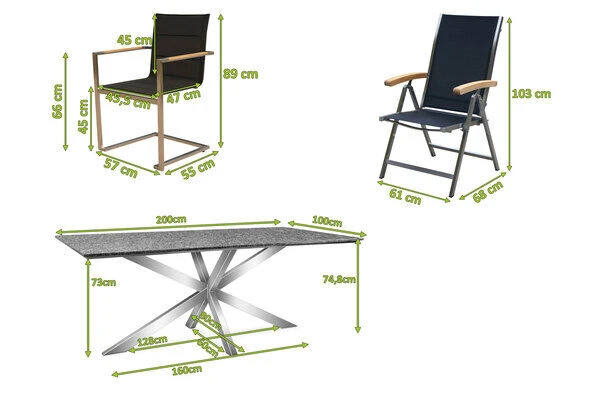 OUTFLEXX Esstischgarnitur, Silber/schwarz, Edelstahl/Granit/Textil, 200x100 Cm, 4 Freischwinger, 2 Multipos, Padded, Armlehnen Aus FSC-Teak 5 OUTFLEXX Esstischgarnitur, Silber/schwarz, Edelstahl/Granit/Textil, 200x100 Cm, 4 Freischwinger, 2 Multipos, Padded, Armlehnen Aus FSC-Teak – Bild 5
