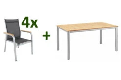 KETTLER GranadaSitzgruppe, Silber/anthrazit, Alu/Teak, Teaktisch 160x95 Cm,4 Stapelsessel, FSC-Teak