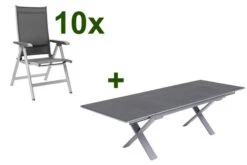 KETTLER BasicPlus Esstischgarnitur, Silber / Anthrazit, Alu / Spraystone / Textil, Tisch 180/280x100cm, 10 Multipositionssessel