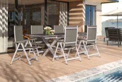 KETTLER BasicPlus Esstischgarnitur, Silber / Anthrazit, Alu / HPL / Textil, Tisch 180/280x100cm, 6 Multipositionssessel