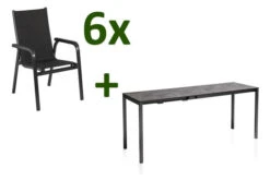 KETTLER Cubic/Basic Plus Padded Esstischgarnitur, Anthrazit, Alu/HPL/Textilene, 140/210x70 Cm, 6 Stapelsessel