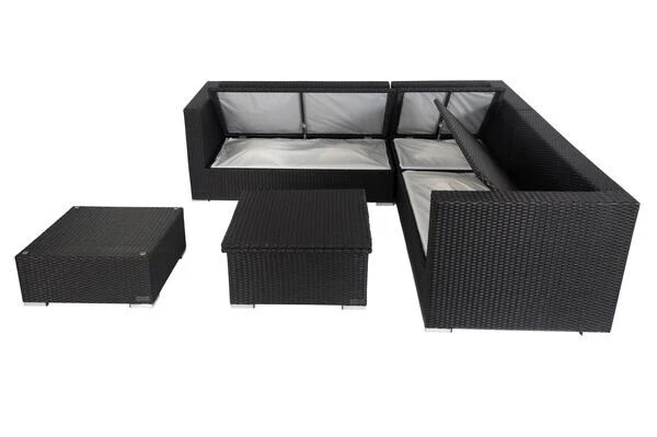 OUTFLEXX Loungemöbel-Set, Schwarz, Polyrattan, 6 Personen, Wasserfeste Kissenbox, Inkl. Loungetisch 2 OUTFLEXX Loungemöbel-Set, Schwarz, Polyrattan, 6 Personen, Wasserfeste Kissenbox, Inkl. Loungetisch – Bild 2