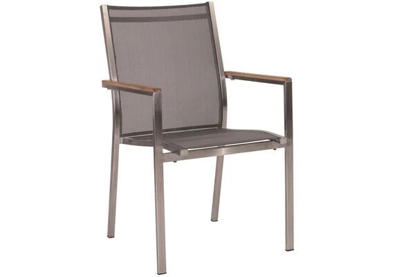 STERN Cardiff Esstischgruppe, Silber/silbergrau, Edelstahl/Teak, Tisch 160 X 90 Cm, 4 Stapel-, 2 Multipositionssessel 2 STERN Cardiff Esstischgruppe, Silber/silbergrau, Edelstahl/Teak, Tisch 160 X 90 Cm, 4 Stapel-, 2 Multipositionssessel – Bild 2