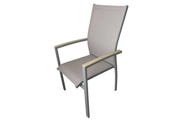 DOPPLER Expert Esstischgarnitur, Silber/Holzoptik/beige, Alu/Textilene, 6x Stapelsessel, 2x Hochlehner, 220-280x100 Cm 2 DOPPLER Expert Esstischgarnitur, Silber/Holzoptik/beige, Alu/Textilene, 6x Stapelsessel, 2x Hochlehner, 220-280x100 Cm – Bild 2
