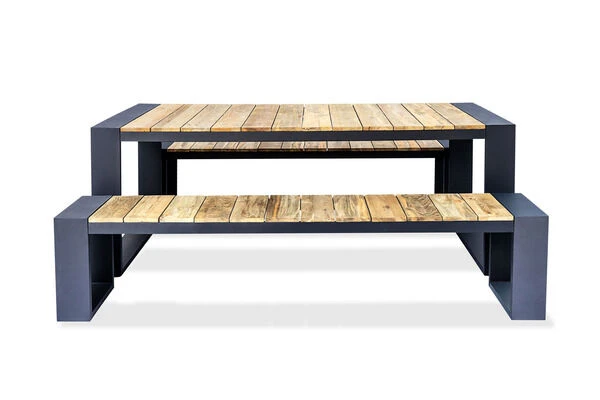 OUTFLEXX Kona Esstischgarnitur, Dark Grey/natur, Alu/recycled FSC-Teak, Esstisch 200x100cm, 2x Bank 200x40cm, U-Gestell 3 OUTFLEXX Kona Esstischgarnitur, Dark Grey/natur, Alu/recycled FSC-Teak, Esstisch 200x100cm, 2x Bank 200x40cm, U-Gestell – Bild 3