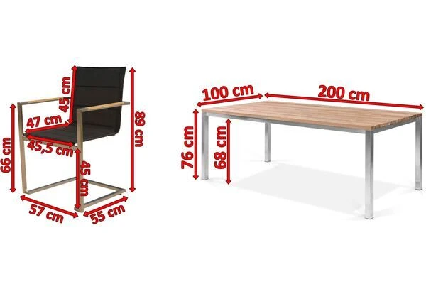 OUTFLEXX Esstischgarnitur, Edelstahl / FSC-Teak, Tisch 200 X 100 Cm, 6 Freischwinger Padded, Schwarz 5 OUTFLEXX Esstischgarnitur, Edelstahl / FSC-Teak, Tisch 200 X 100 Cm, 6 Freischwinger Padded, Schwarz – Bild 5