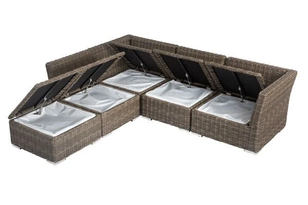 OUTFLEXX Loungegarnitur, Polyrattan/Teakholz, Tisch 160x90cm, Für 5 Personen, Wasserfeste Kissenbox 7 OUTFLEXX Loungegarnitur, Polyrattan/Teakholz, Tisch 160x90cm, Für 5 Personen, Wasserfeste Kissenbox – Bild 7
